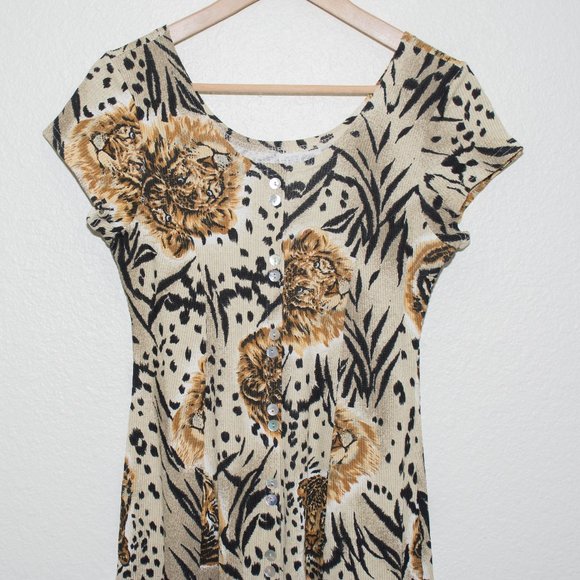 Vintage La Fete Ribbed Button Front Midi A-Line Dress with Lion and Tiger Print - Picture 4 of 5